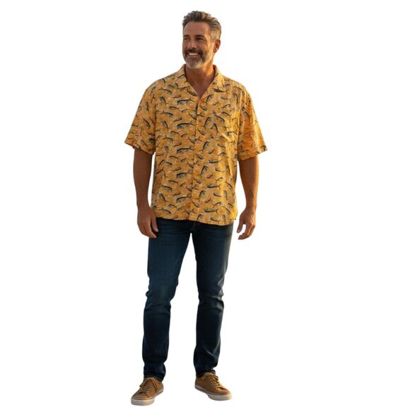 Columbia Swordfish Print Men's Short Sleeve Button Down Shirt (L) - Picture 1 of 9